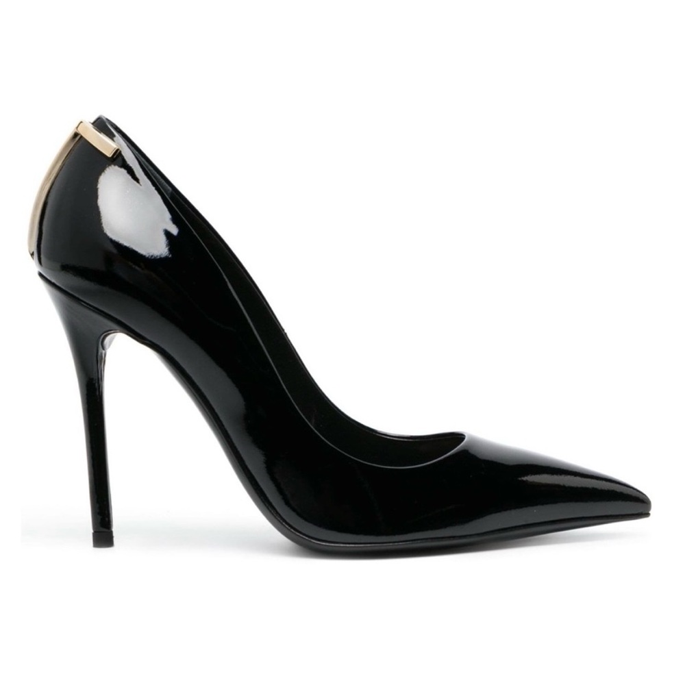 Tom Ford Iconic T Logo Back Patent Leather Pointed Toe Stiletto Heel Pumps Black